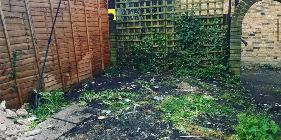 After: The back garden cleared down to the soil, with the brick archway and trellis behind